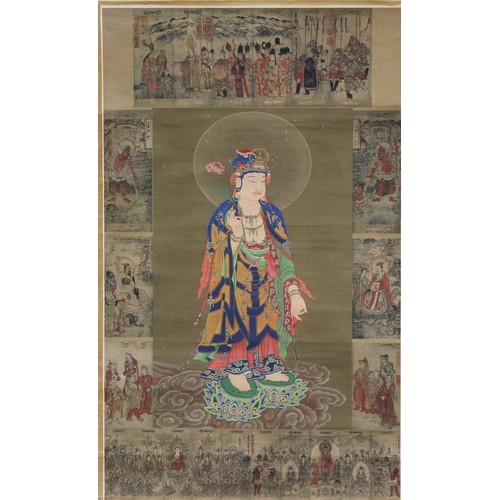 275 - Chinese School (early 20th century), scroll wall hanging depicting Guanyin among Buddhist scenes, pr... 