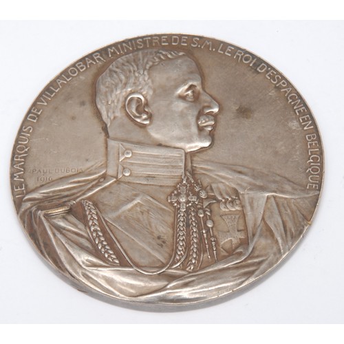 253 - Numismatics -a white metal WW1 period medal, Obv. A L'ESPAGNE LA BELGIQUE RECONNAISANTE, angel flyin... 