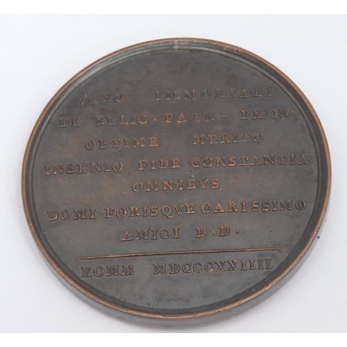 244 - Numismatics - a papal bronze medal, Obv. VIRO IMMORTALI DE RELIC PATR PRINC OPTIME MERITO INGENIO FI... 