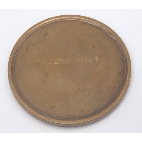 234 - An Aesthetic Movement French bronze medal, Obv. engraved M. Janvier, Rev. female with bouquet of ros... 