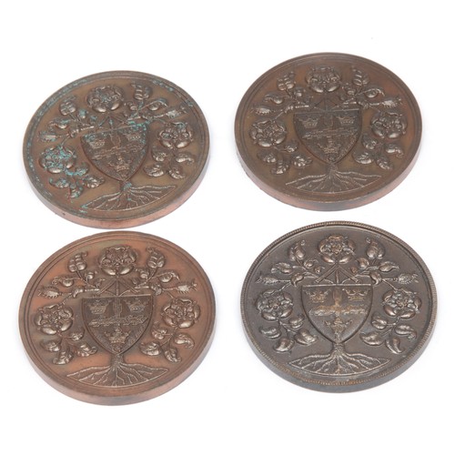 245 - Numismatics - a set of four bronze medals or tokens, Obv. monastery within FLOREANT ROSAE CAMULODUNE... 