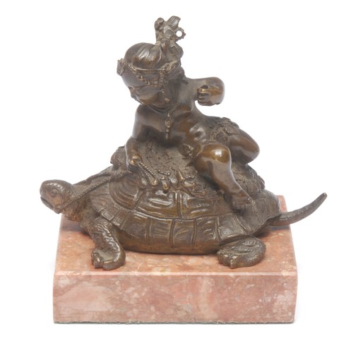 967 - A 19th century Continental School bronze, of a Middle Eastern girl riding a bridled tortoise, rectan... 