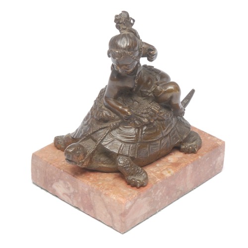 967 - A 19th century Continental School bronze, of a Middle Eastern girl riding a bridled tortoise, rectan... 