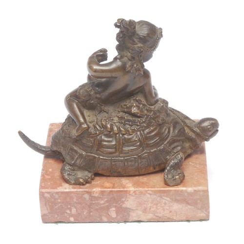 967 - A 19th century Continental School bronze, of a Middle Eastern girl riding a bridled tortoise, rectan... 