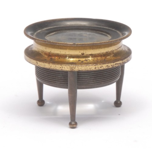 216 - Cartography - a lacquered brass tripod map reading lens, 5cm diam, 19th/early 20th century