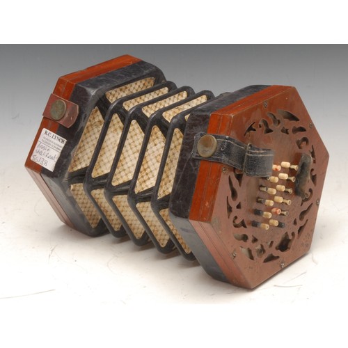 203 - A 19th century mahogany concertina, by Lachenal & Co, London, no.56135, forty-eight bone keys, 16cm ... 