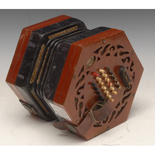 203 - A 19th century mahogany concertina, by Lachenal & Co, London, no.56135, forty-eight bone keys, 16cm ... 