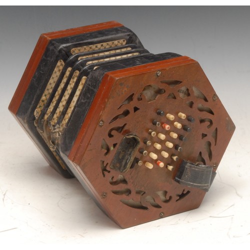 203 - A 19th century mahogany concertina, by Lachenal & Co, London, no.56135, forty-eight bone keys, 16cm ... 