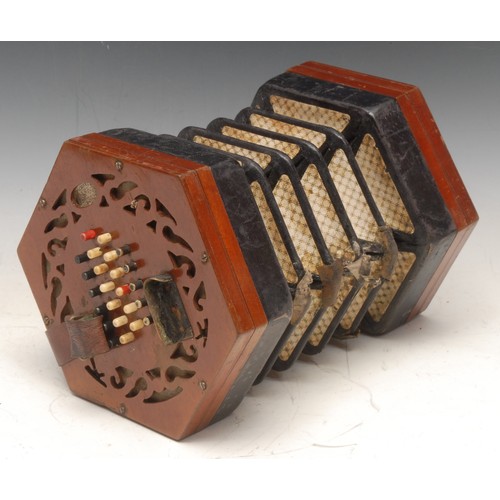 203 - A 19th century mahogany concertina, by Lachenal & Co, London, no.56135, forty-eight bone keys, 16cm ... 