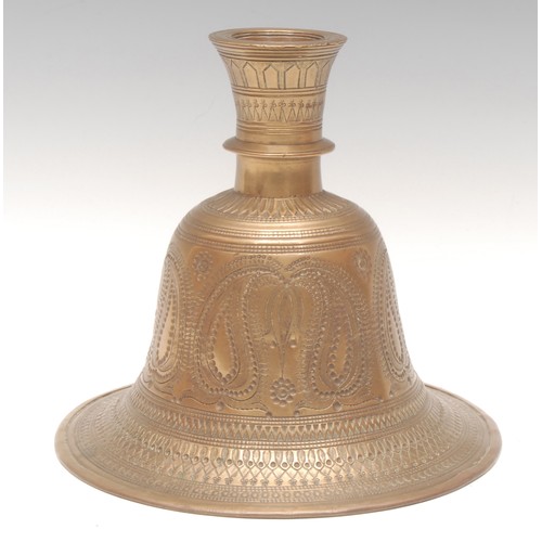 960 - An 18th century North Indian brass hookah base, flared neck engraved with Islamic geometric shapes a... 