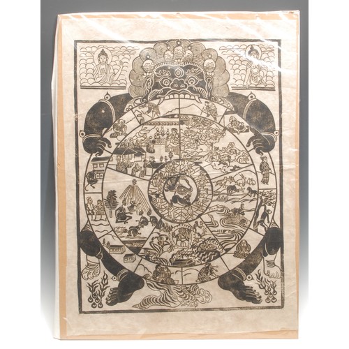 271 - Buddhist Art - a 19th century style Tibetan Wheel of Life, print on decoupage, 63cm x 46cm