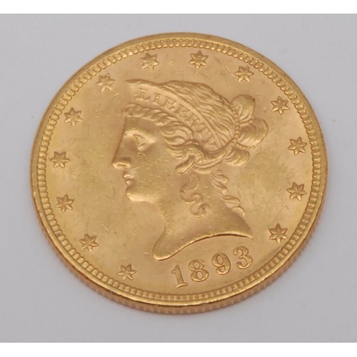 247 - Numismatics – A United States of America $10 gold piece 1893 EF