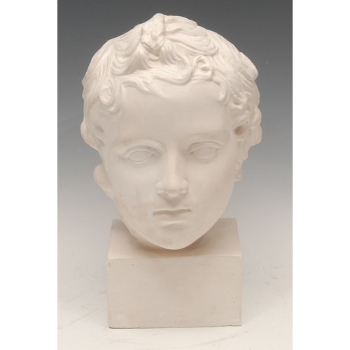 180 - A museum type plaster cast, Eros, after the Ancient Greek, plinth base, 30cm high overall, stamp to ... 