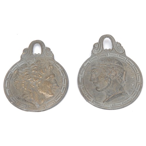 182 - Antiquities - a pair of Ancient Greek style military romayne medallions, showing Heniokhos (chariote... 