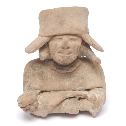 183 - Antiquities - a pre-Colombian stoneware votive, the bust of a deity in traditional dress, 10cm high ... 