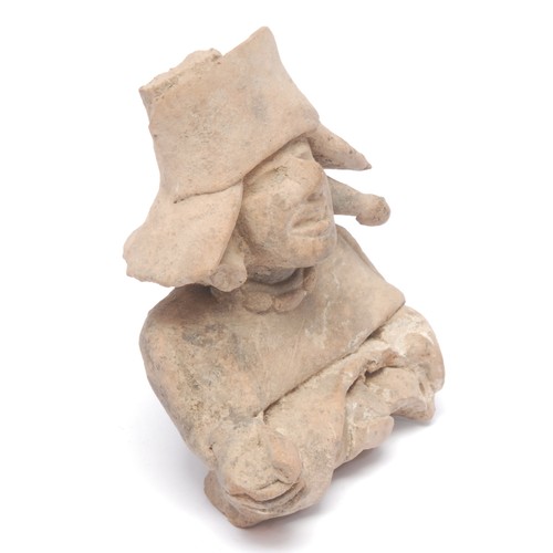 183 - Antiquities - a pre-Colombian stoneware votive, the bust of a deity in traditional dress, 10cm high ... 