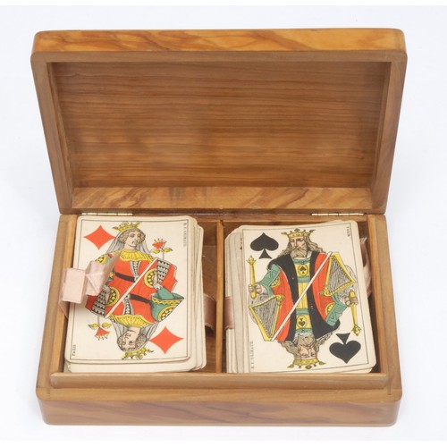 918 - Two sets of late 19th century playing cards, B.P. Grimaud (Paris), softwood case, 4cm x 16cm x 12cm