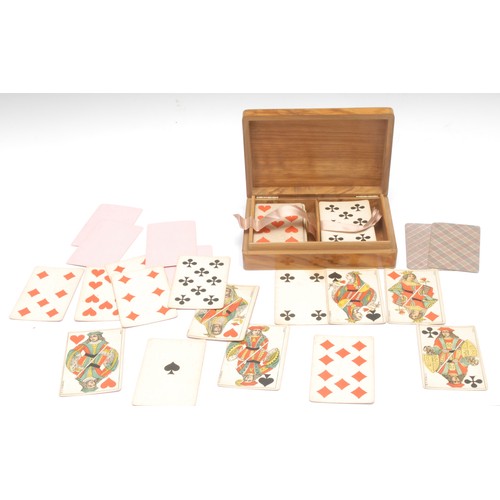 918 - Two sets of late 19th century playing cards, B.P. Grimaud (Paris), softwood case, 4cm x 16cm x 12cm