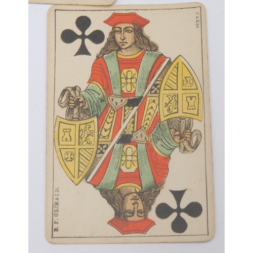 918 - Two sets of late 19th century playing cards, B.P. Grimaud (Paris), softwood case, 4cm x 16cm x 12cm