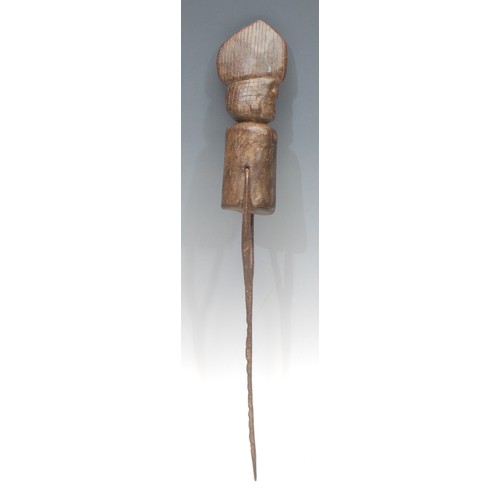 98 - Tribal Art - an African hardwood figurative funerary or boundary marker, as a tribesman, the head ca... 