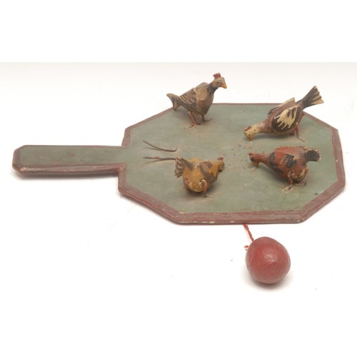 1024 - Folk Art & Juvenalia - a 19th century French provincial children's game, four wooden chickens feedin... 