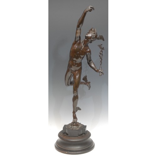 988 - Giambologna (1529-1608) after, a large figural patinated bronze, Mercury, turned ebonised base, 69cm... 