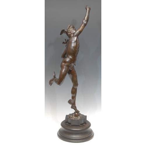 988 - Giambologna (1529-1608) after, a large figural patinated bronze, Mercury, turned ebonised base, 69cm... 