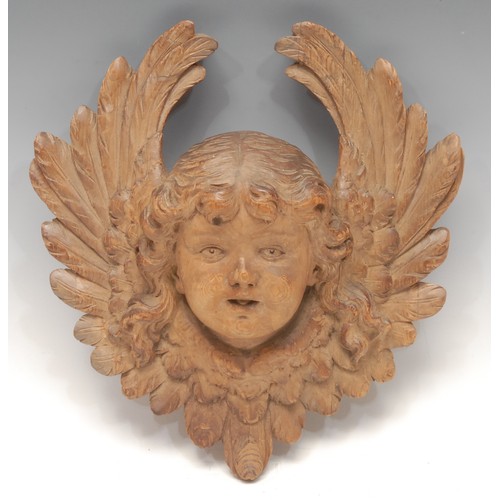 1026 - Treen - a 19th century French limewood carving, of a putti among a plume of feathers, 23cm x 23cm, c... 