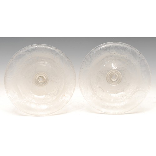 1003 - Glassware - a pair of 19th century French crystal tazzas, the bowls etched with alternating panels o... 