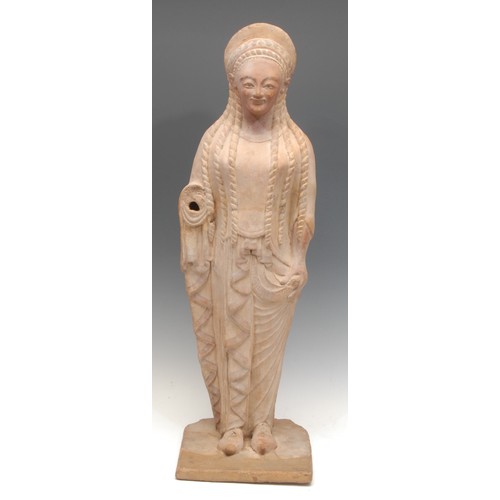 191 - Antiquities - an Archaic period style figural statue, as a Kore or maiden, Greek key pattern clothin... 