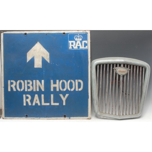 952 - Automobilia - a hardboard rectangular directional sign, stencilled in white 'RAC Robin Hood Rally', ... 