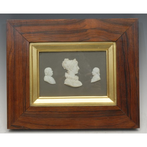 286 - English School (19th century), a set of three 'jasperware' portrait miniatures, busts of Benjamin Fr... 