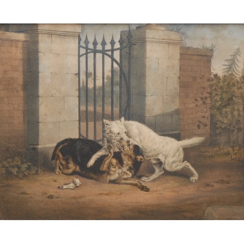 279 - English School (19th century) 
Dogs Fighting Over a Bone 
unsigned, colour lithograph, 25cm x 30cm, ... 