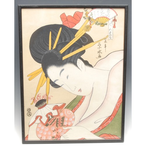 301 - Japanese School (20th century) 
Geisha with Scent Bottle 
signed, watercolour and ink, 42.5cm x 31.5... 