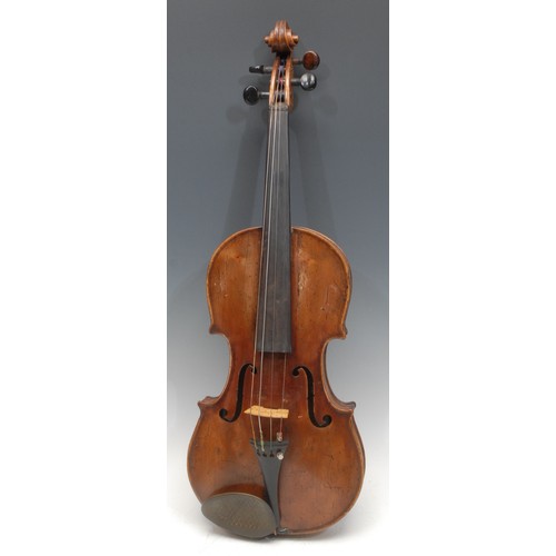 208 - A violin, the two-piece back 35.75cm long excluding button, branded Duke, London, outlined throughou... 