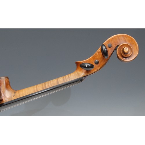 208 - A violin, the two-piece back 35.75cm long excluding button, branded Duke, London, outlined throughou... 