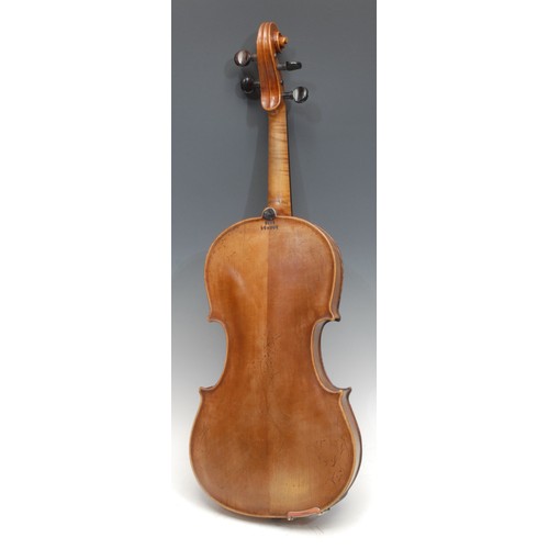 208 - A violin, the two-piece back 35.75cm long excluding button, branded Duke, London, outlined throughou... 