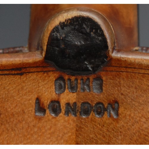 208 - A violin, the two-piece back 35.75cm long excluding button, branded Duke, London, outlined throughou... 