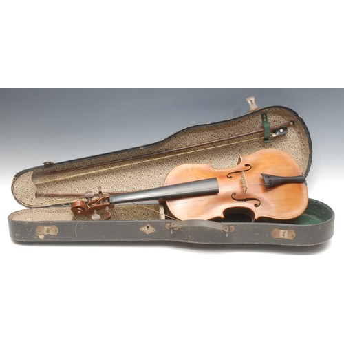 210 - A violin, the two-piece back 36.5cm long excluding button, rosewood tuning pegs, paper label printed... 