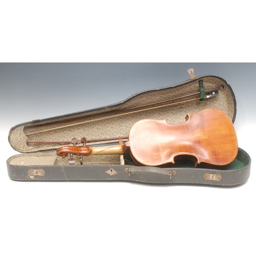 210 - A violin, the two-piece back 36.5cm long excluding button, rosewood tuning pegs, paper label printed... 