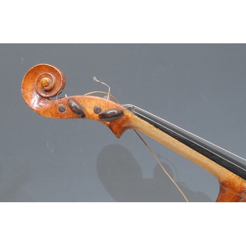 210 - A violin, the two-piece back 36.5cm long excluding button, rosewood tuning pegs, paper label printed... 