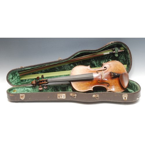 211 - A violin, the two-piece back 36cm long excluding button, rosewood tuning pegs, paper label printed J... 