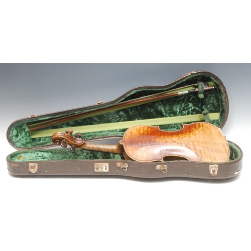 211 - A violin, the two-piece back 36cm long excluding button, rosewood tuning pegs, paper label printed J... 