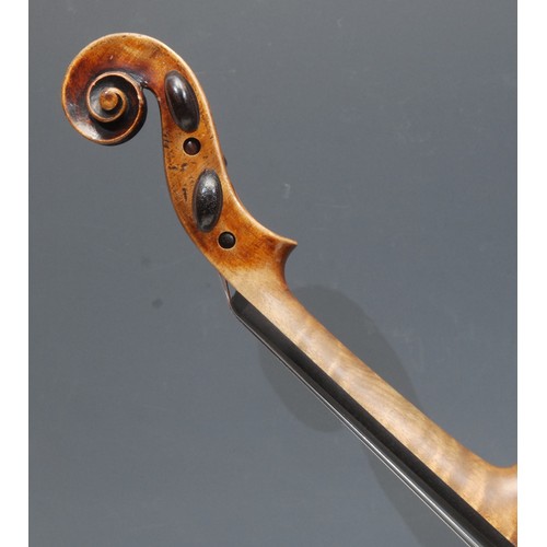 211 - A violin, the two-piece back 36cm long excluding button, rosewood tuning pegs, paper label printed J... 