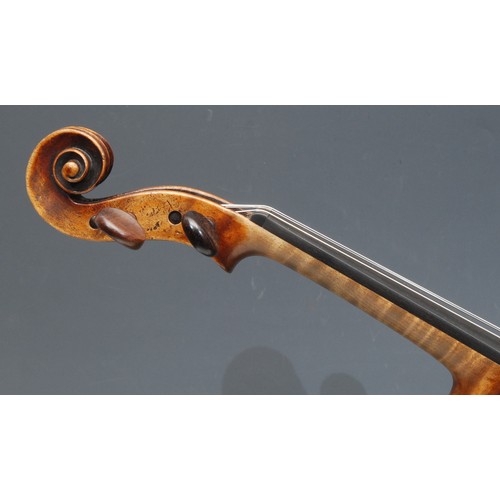 211 - A violin, the two-piece back 36cm long excluding button, rosewood tuning pegs, paper label printed J... 