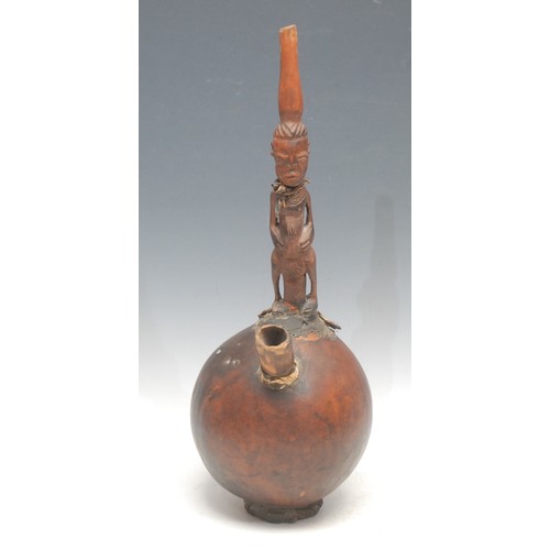 55 - Tribal Art - a Luba figural gourd smoking pipe, 43cm high, Democratic Republic of Congo