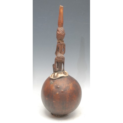 55 - Tribal Art - a Luba figural gourd smoking pipe, 43cm high, Democratic Republic of Congo