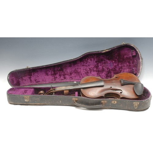 206 - A violin, the one piece back 35.5cm long excluding button, paper label printed Johann George Lippold... 