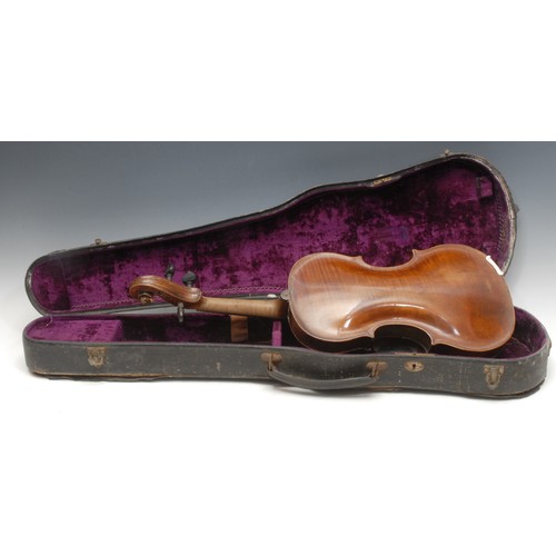 206 - A violin, the one piece back 35.5cm long excluding button, paper label printed Johann George Lippold... 