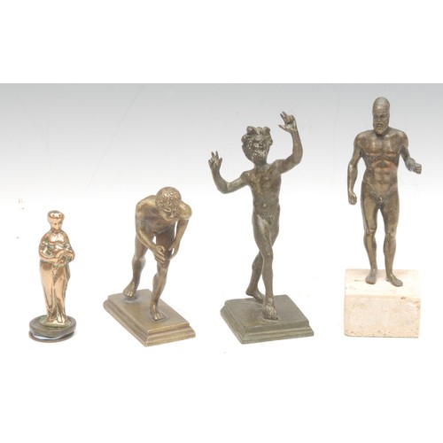 985 - An assortment of Grand Tour style cabinet bronzes, after the Ancient, comprising Bacchus, Pheidippid... 